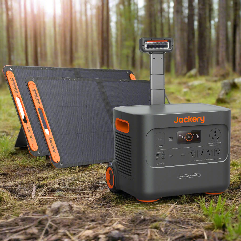 Portable solar generator with 3000W capacity, 2x 100W waterproof solar panels, and a wheeled design. Ideal for camping, emergencies, and off-grid power needs.