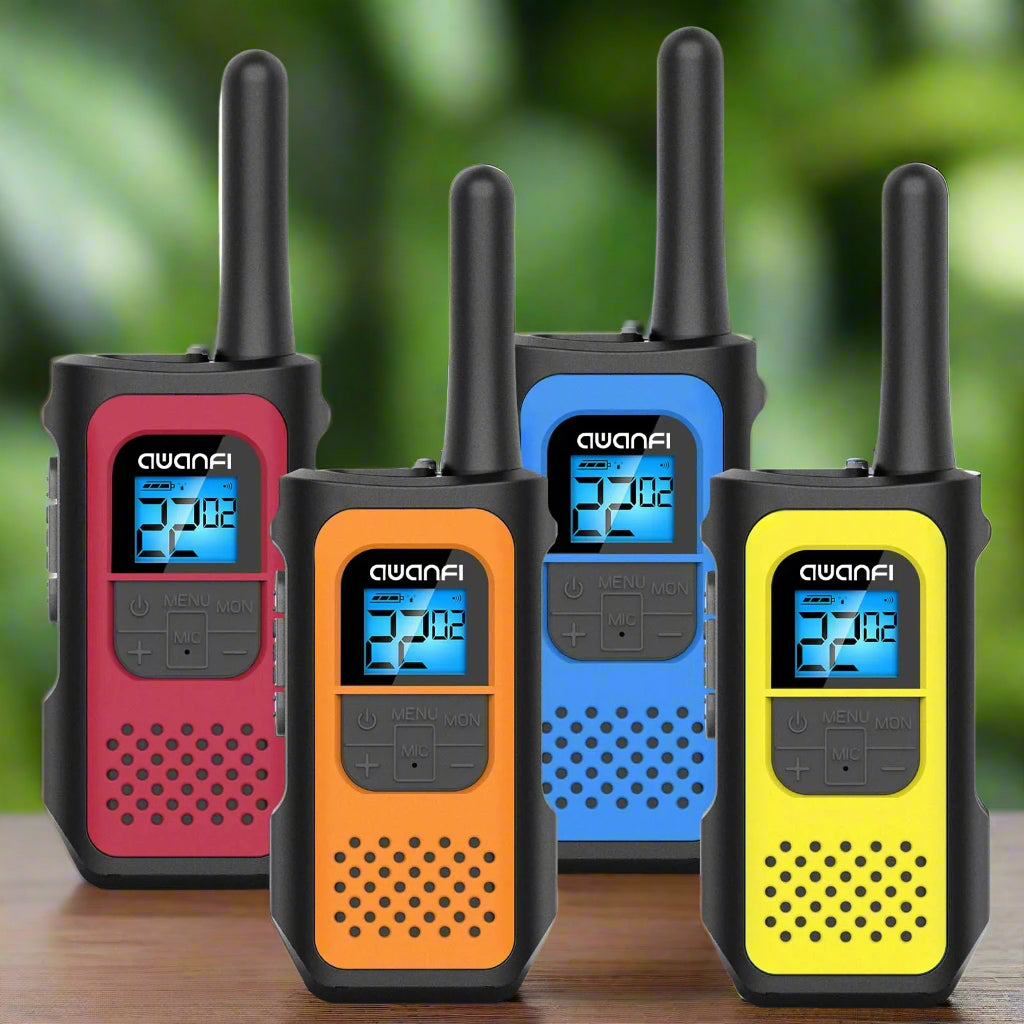 Image of AWANFI walkie-talkies (4 pack), featuring a durable design, 22 channels, and rechargeable functionality, perfect for outdoor adventures and emergency preparedness, displayed on a clean white background.
