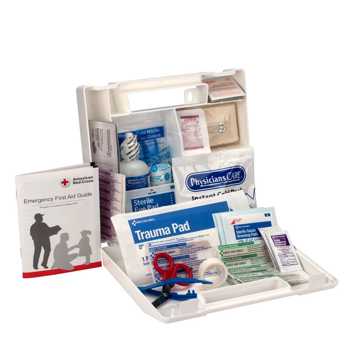 "ANSI-Compliant 107-Piece First Aid Kit displayed with medical supplies, showcasing its compact and organized design."