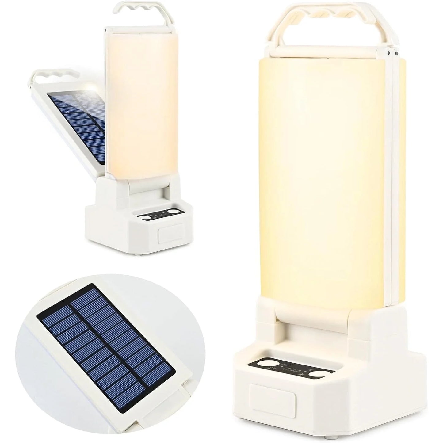 Image of a 4500mAh rechargeable emergency lantern featuring dual charging options (solar and USB Type-C), adjustable brightness, and a weather-resistant design, displayed on a clean white background.