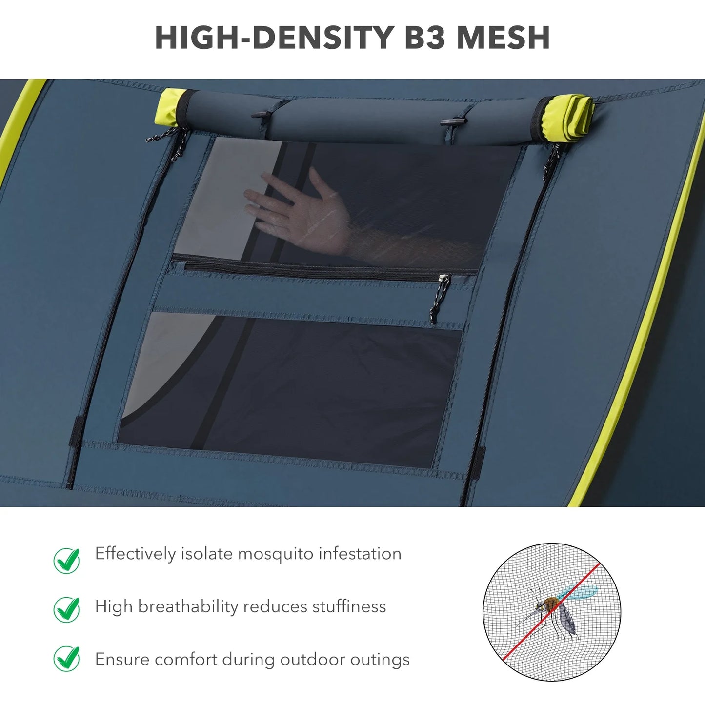 "4-Person Waterproof Pop-Up Instant Tent - spacious doors and windows, dark blue, perfect for camping."