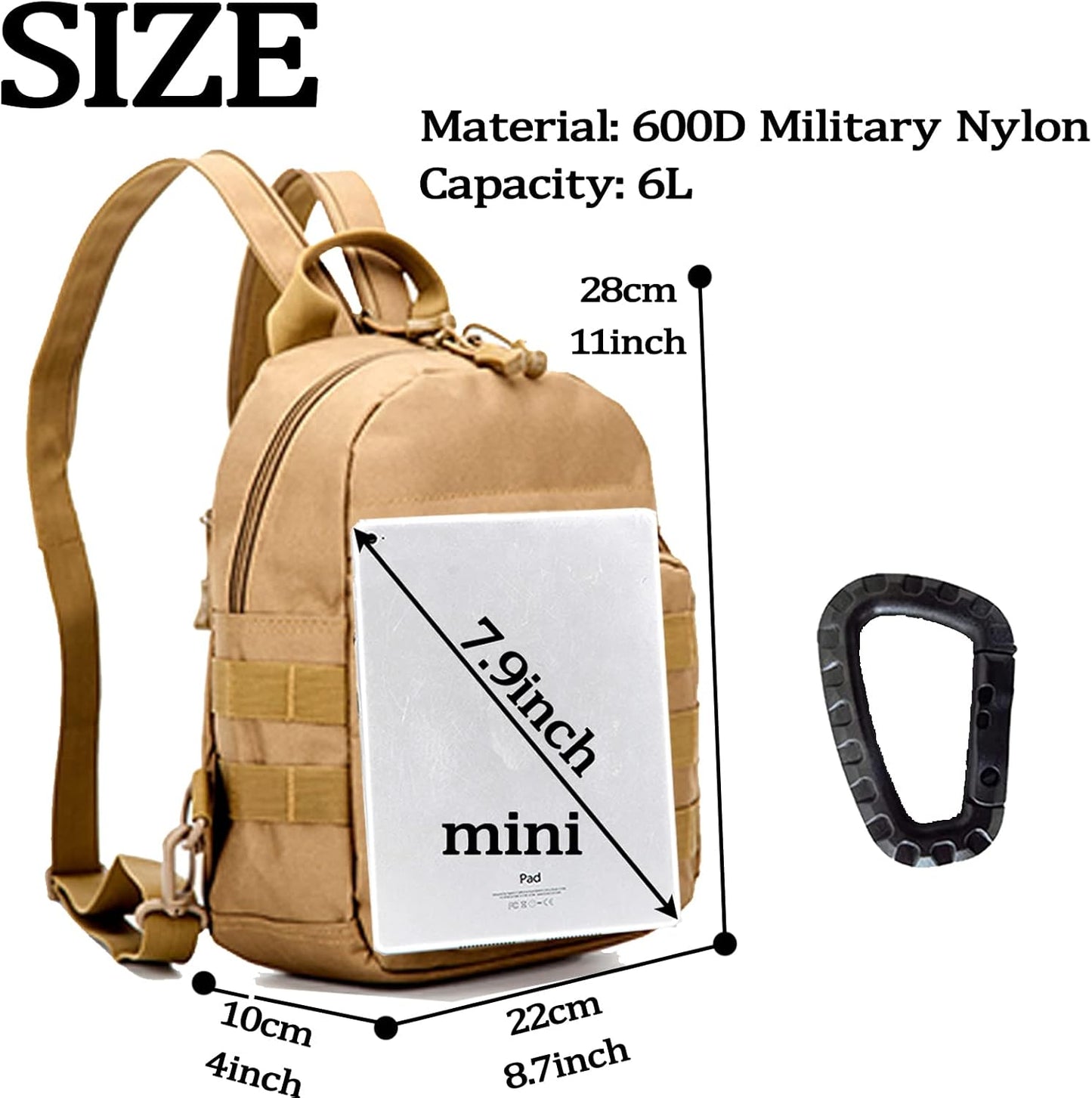 Compact Mini Tactical Backpack - 6L Sling Bag for Travel & Running with Carabiner - Ideal for Men & Women