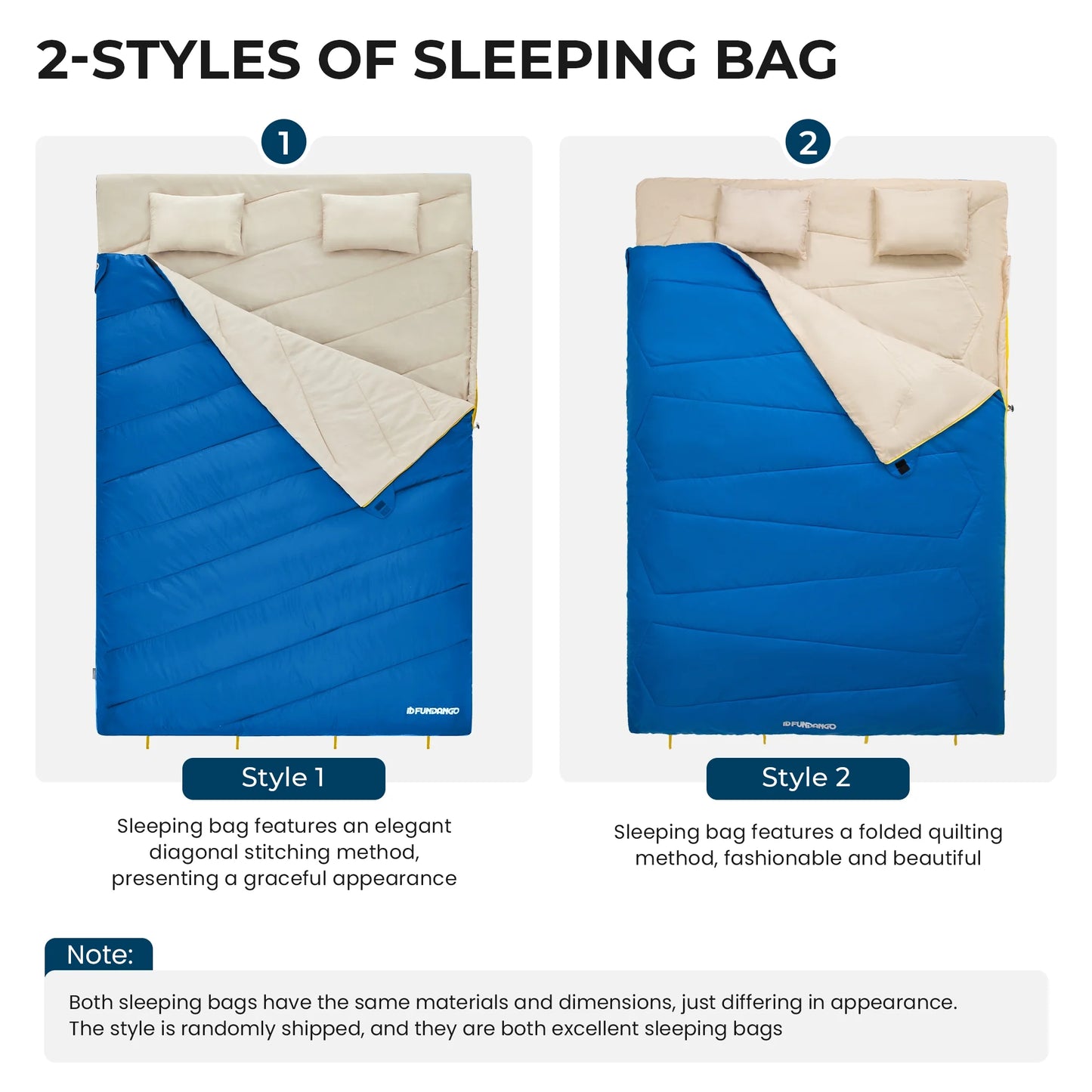 Image of a double sleeping bag with pillows in a lightweight design, featuring a 190T water-resistant shell, convertible into two singles, displayed on a clean white background.