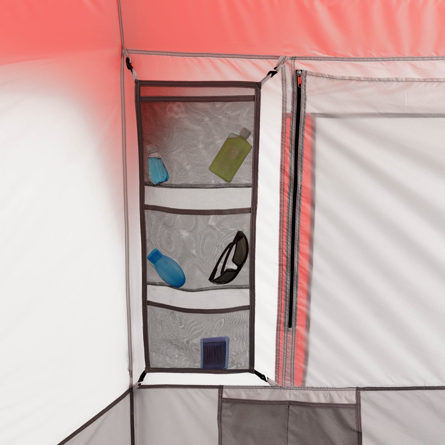 "8-Person Instant Cabin Tent set up in a campsite, showcasing its spacious interior, LED lighted poles, and durable design."