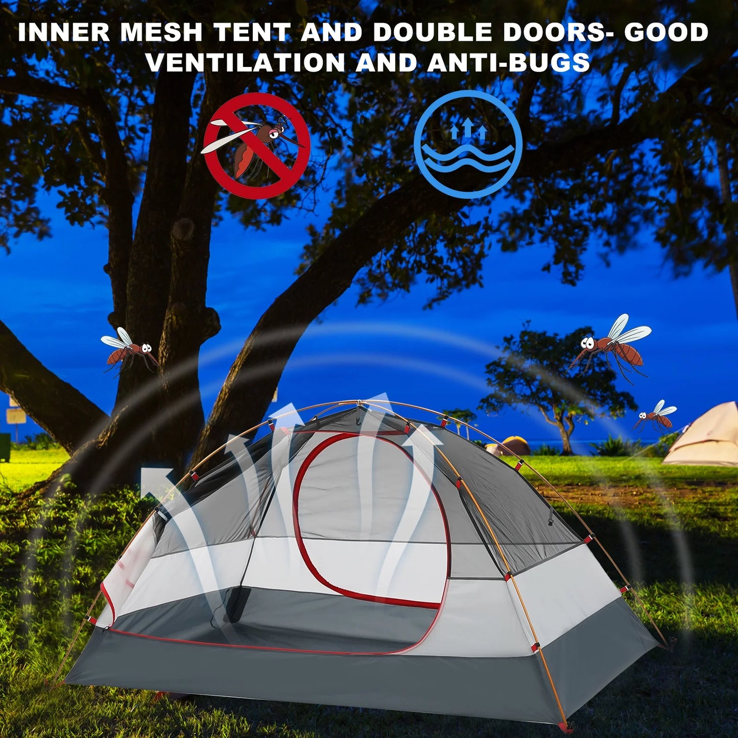 "Lightweight Backpacking Tent for 2 set up in a scenic outdoor location, showcasing its durable design and compact size."