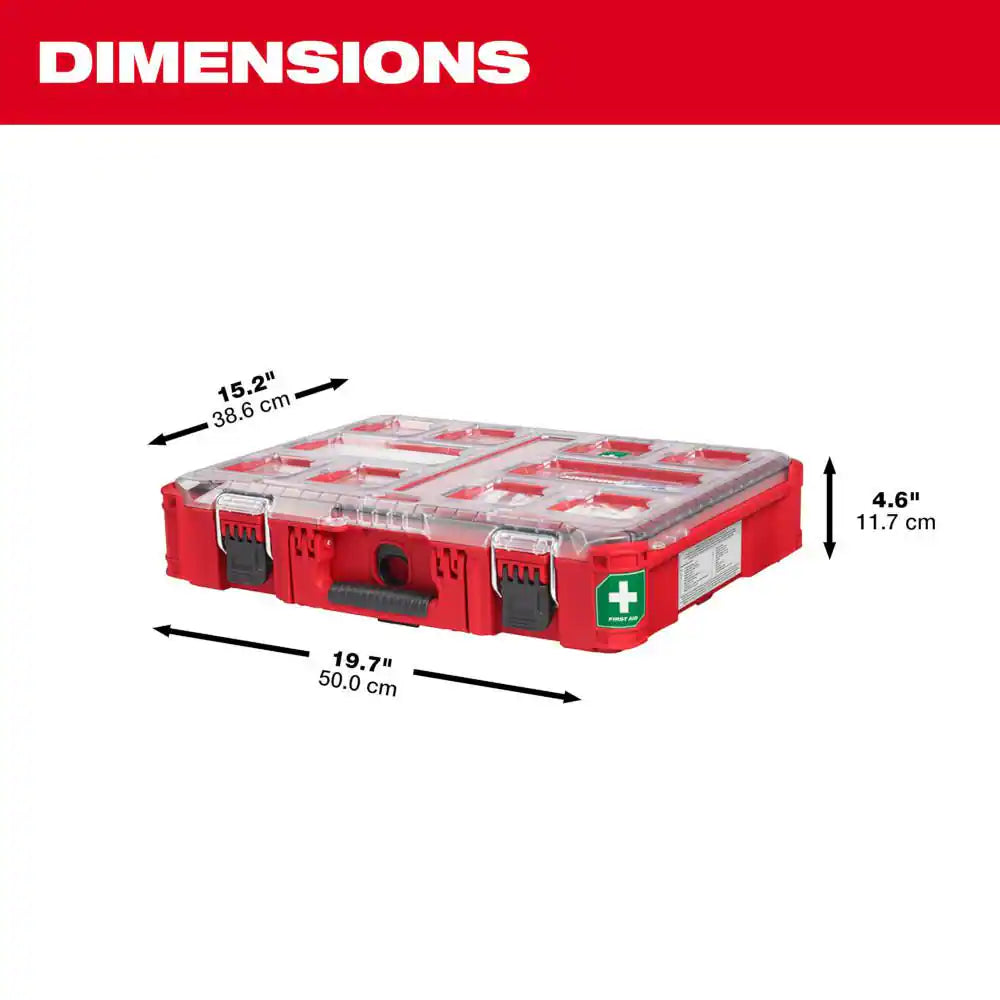 Image of a Milwaukee PACKOUT First Aid Kit featuring 193 essential pieces, a durable weather-sealed case, and a bonus 20oz red tumbler, displayed on a clean white background.