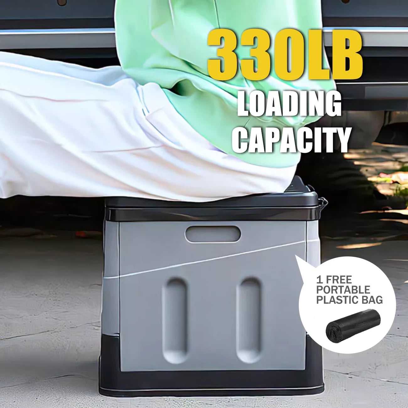 Image of a waterproof folding camping potty with a 400lb capacity, featuring a compact design, durable ABS plastic, and easy setup, ideal for emergency preparedness and outdoor use, displayed on a clean white background.