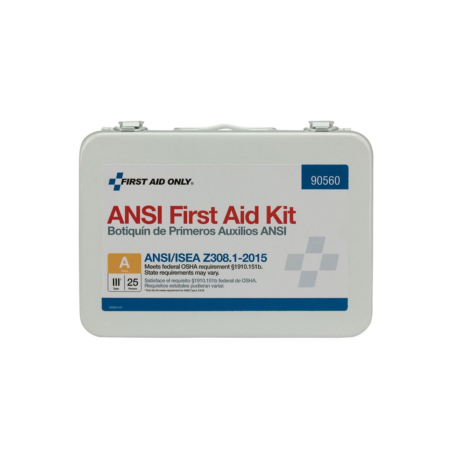 "Class A 25-Person First Aid Kit in a durable metal case, wall-mounted, showcasing its weatherproof design and organized supplies."