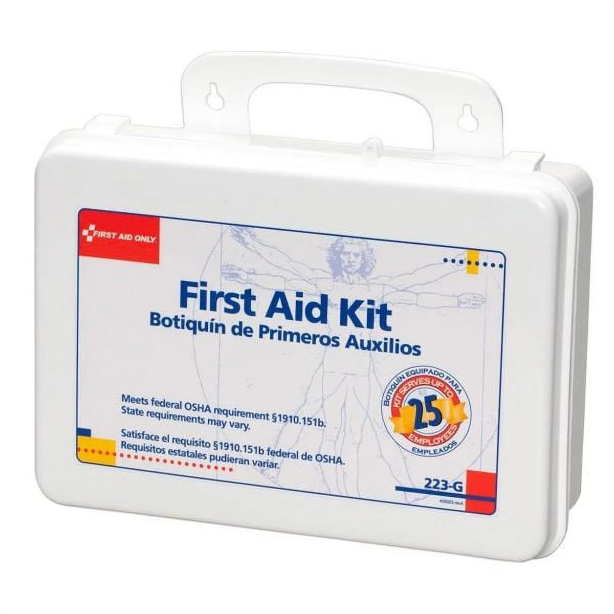 "Compact OSHA-Compliant First Aid Kit with handle, showcasing its weatherproof design and organized medical supplies."