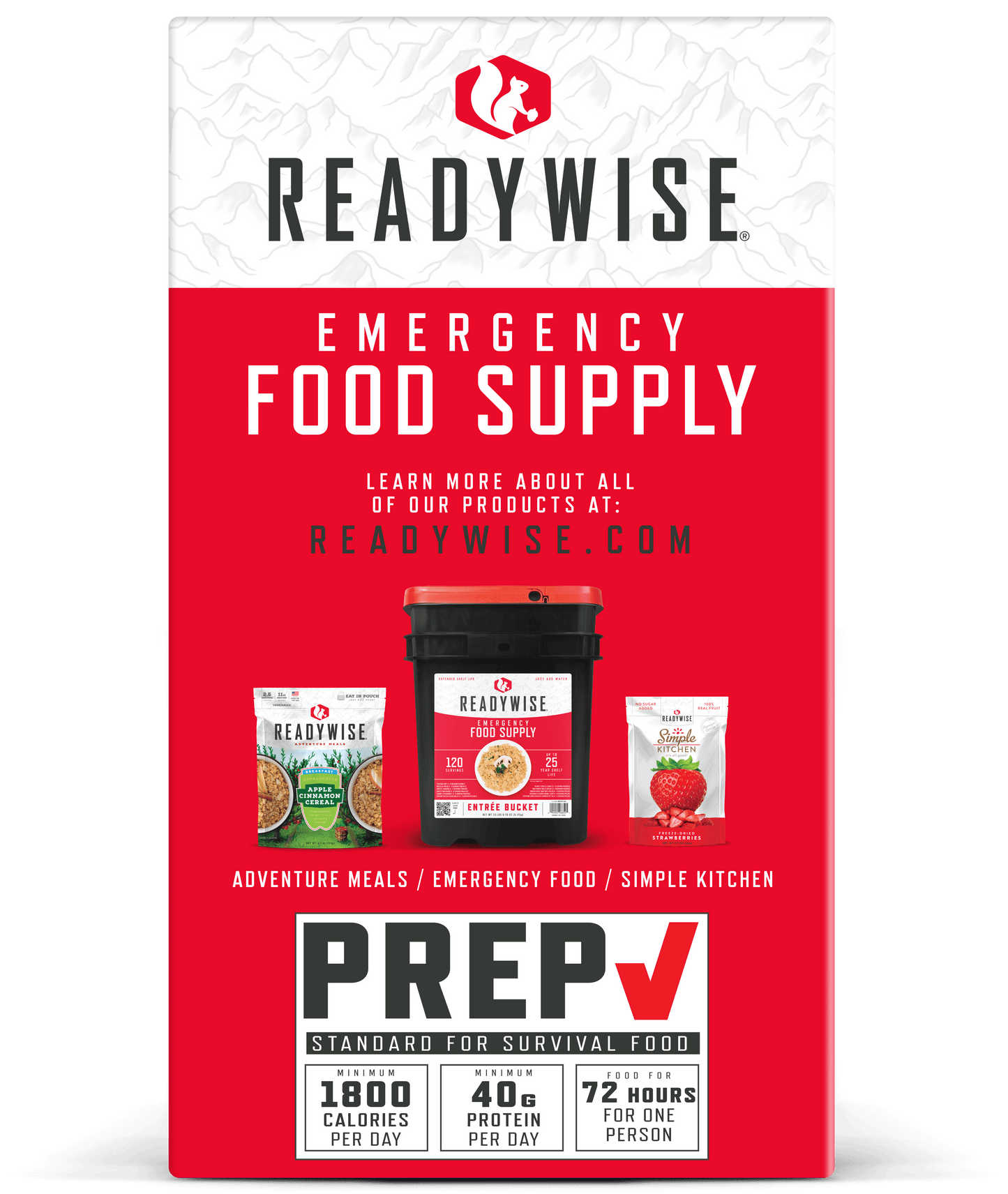 "ReadyWise 72-Hour Emergency Food Supply - 30 servings, 5,460 calories, freeze-dried survival meals with 25-year shelf life."