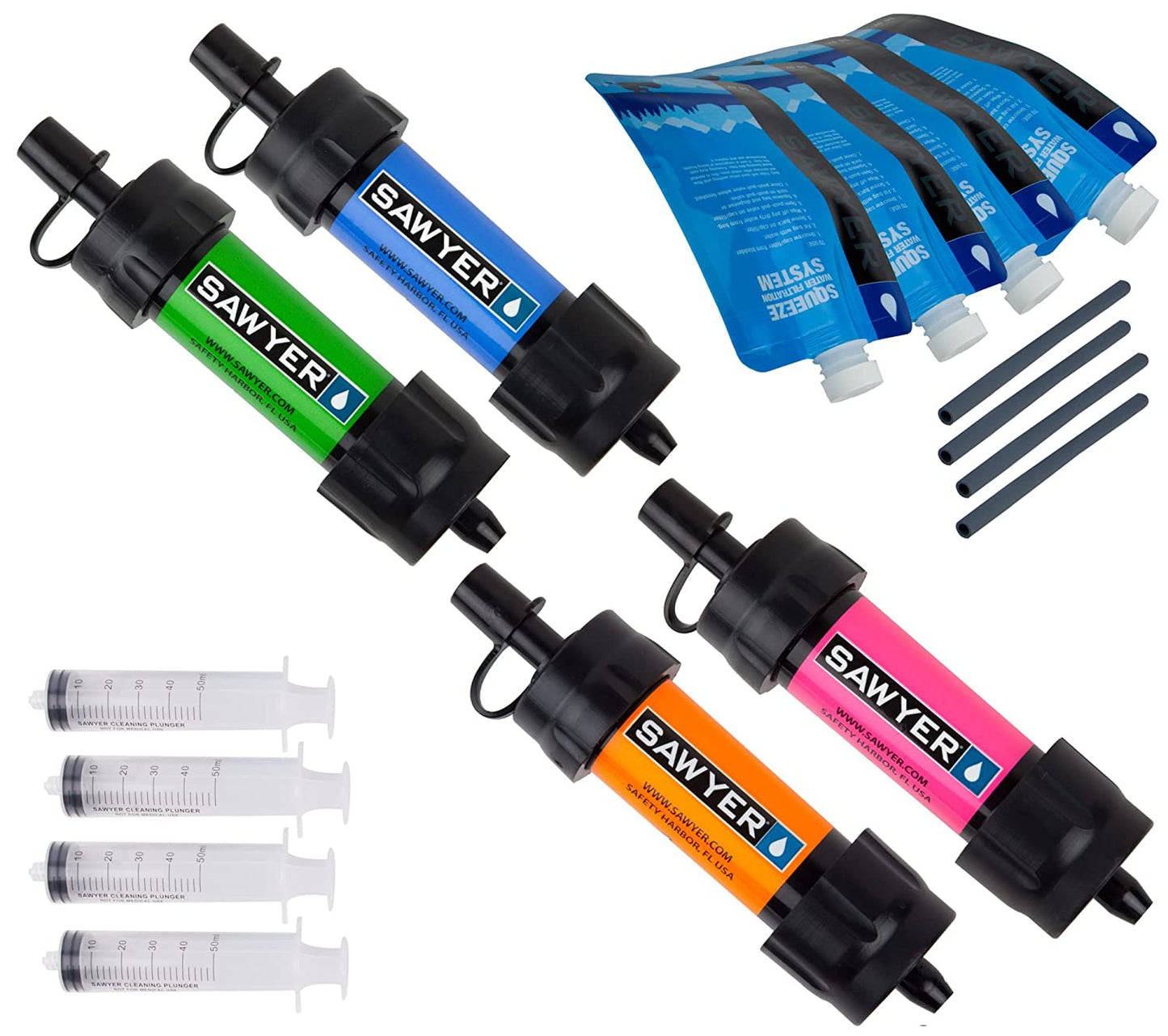 **Alt Text:**
Portable water filtration system, 4-pack. Lightweight, compact, and reliable for emergency preparedness, camping, and outdoor adventures.