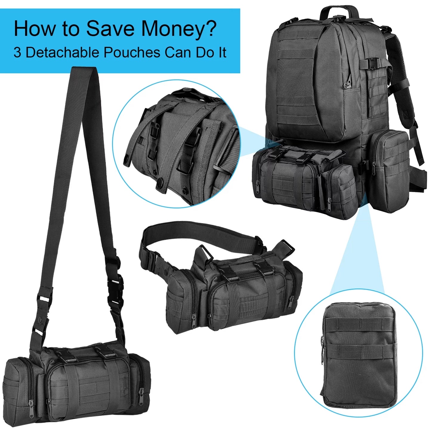Brightify 60L Camping & Hiking Backpack in black, featuring a spacious 60L capacity, water-resistant polyester material, and multiple compartments. Includes adjustable shoulder straps for comfort and a durable design, perfect for camping, hiking, and outdoor adventures.