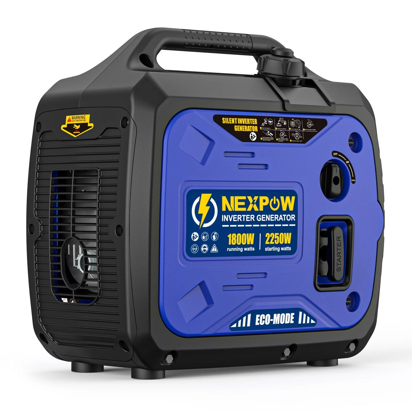 Image of the 2250W Super Quiet Gasoline Generator featuring a compact design, eco-mode, parallel capability, and USB ports, ideal for home backup and camping, displayed on a clean white background.