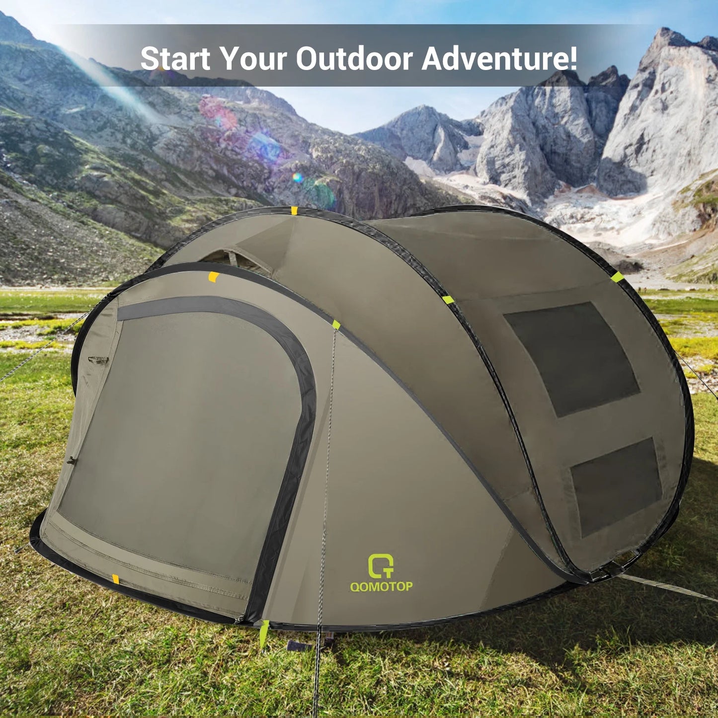 "4-Person Pop-Up Camp Tent - waterproof with large side screen windows and easy automatic setup in green."