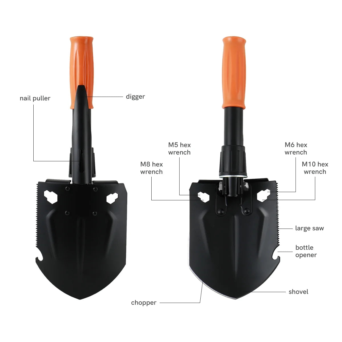 Image of a Survival Kit with a 15.35" high-carbon steel folding shovel, featuring a compact design, multi-tool functionality, and a durable hard case, ideal for emergency preparedness and outdoor use, displayed on a clean white background.