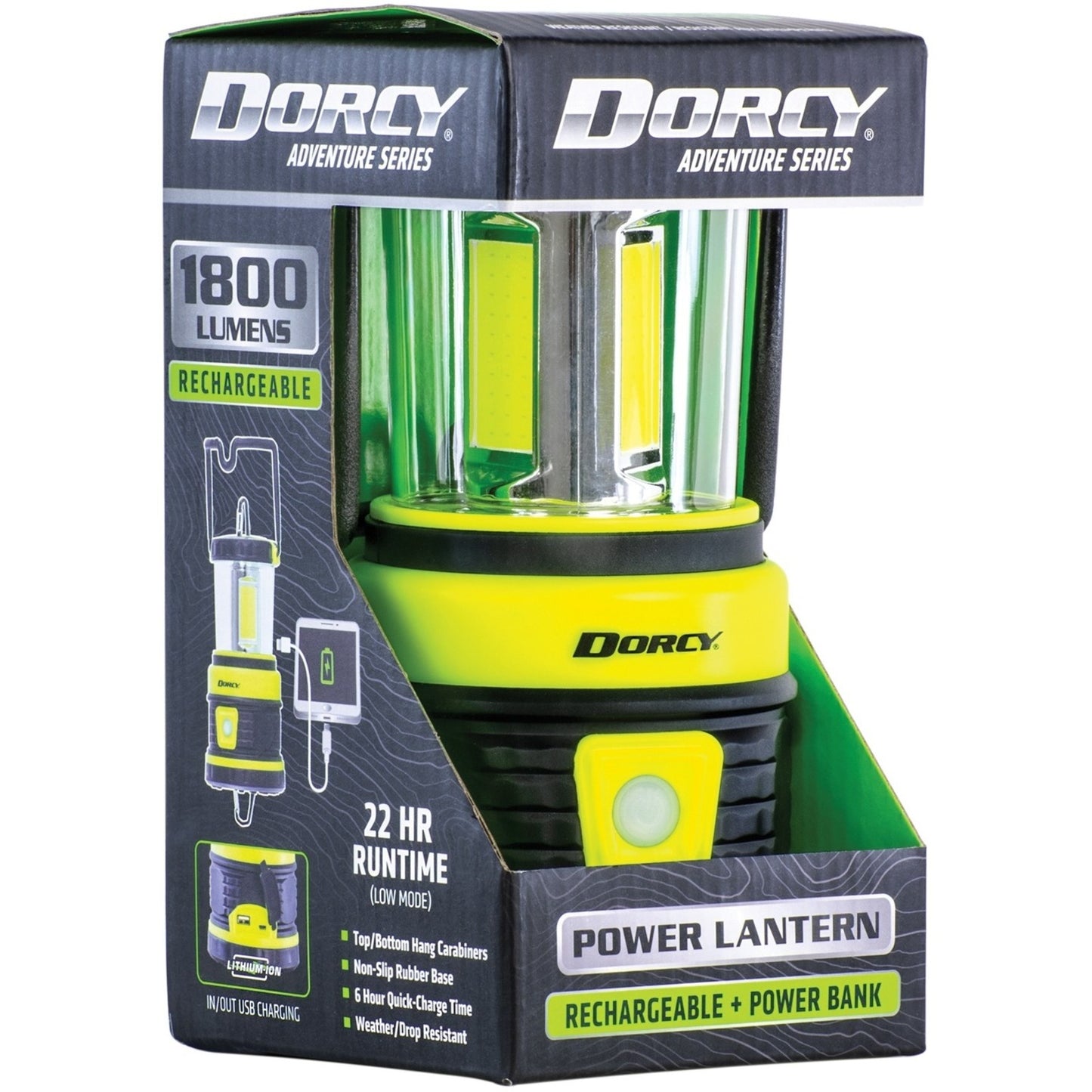 Image of the Dorcy 1800 Lumens Portable Camping Lantern featuring high brightness, multiple light modes, and a USB charging port, ideal for outdoor adventures and emergency preparedness, displayed on a clean white background.