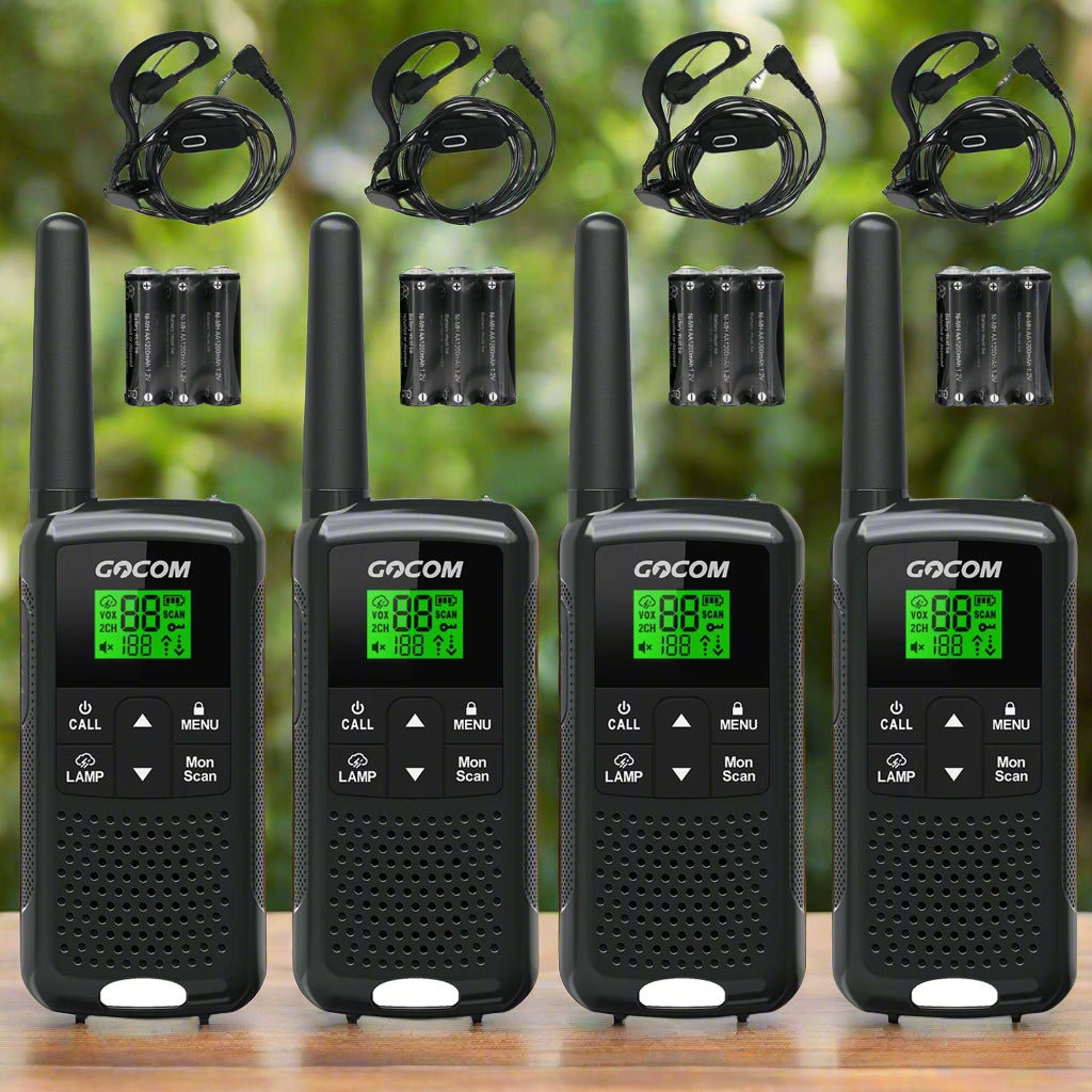 Image of a 4-pack of walkie-talkies for adults, featuring long-range communication, rechargeable power, LED light, and 22 FRS channels with weather alerts, displayed on a clean white background.