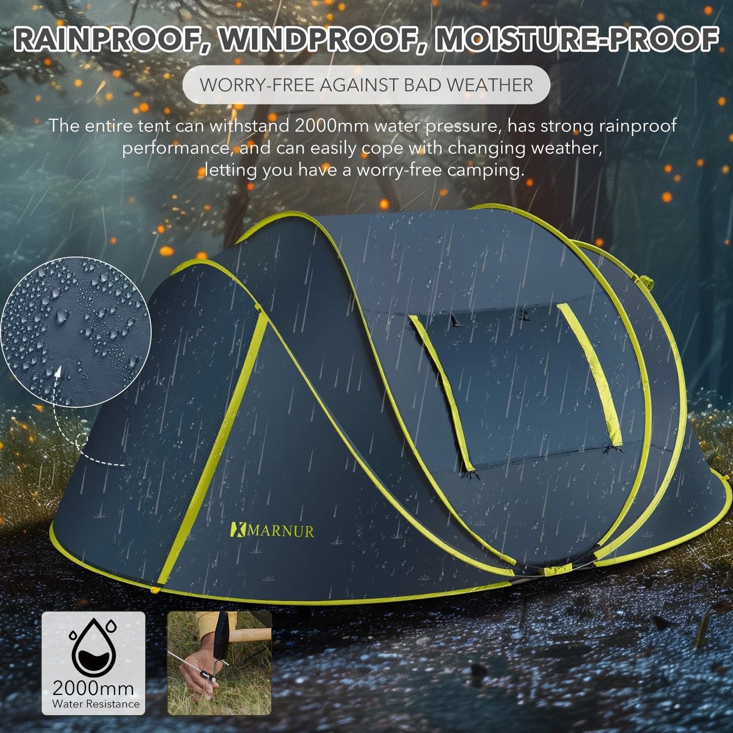 "4-Person Waterproof Pop-Up Instant Tent - spacious doors and windows, dark blue, perfect for camping."
