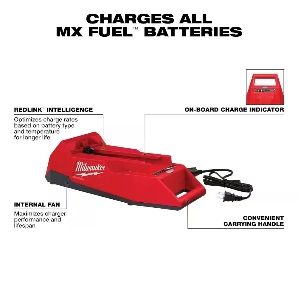 Image of the MX FUEL 3600W/1800W Portable Battery Generator with 2 XC batteries and a charger, showcasing a compact design with an integrated carry handle, displayed on a clean white background.