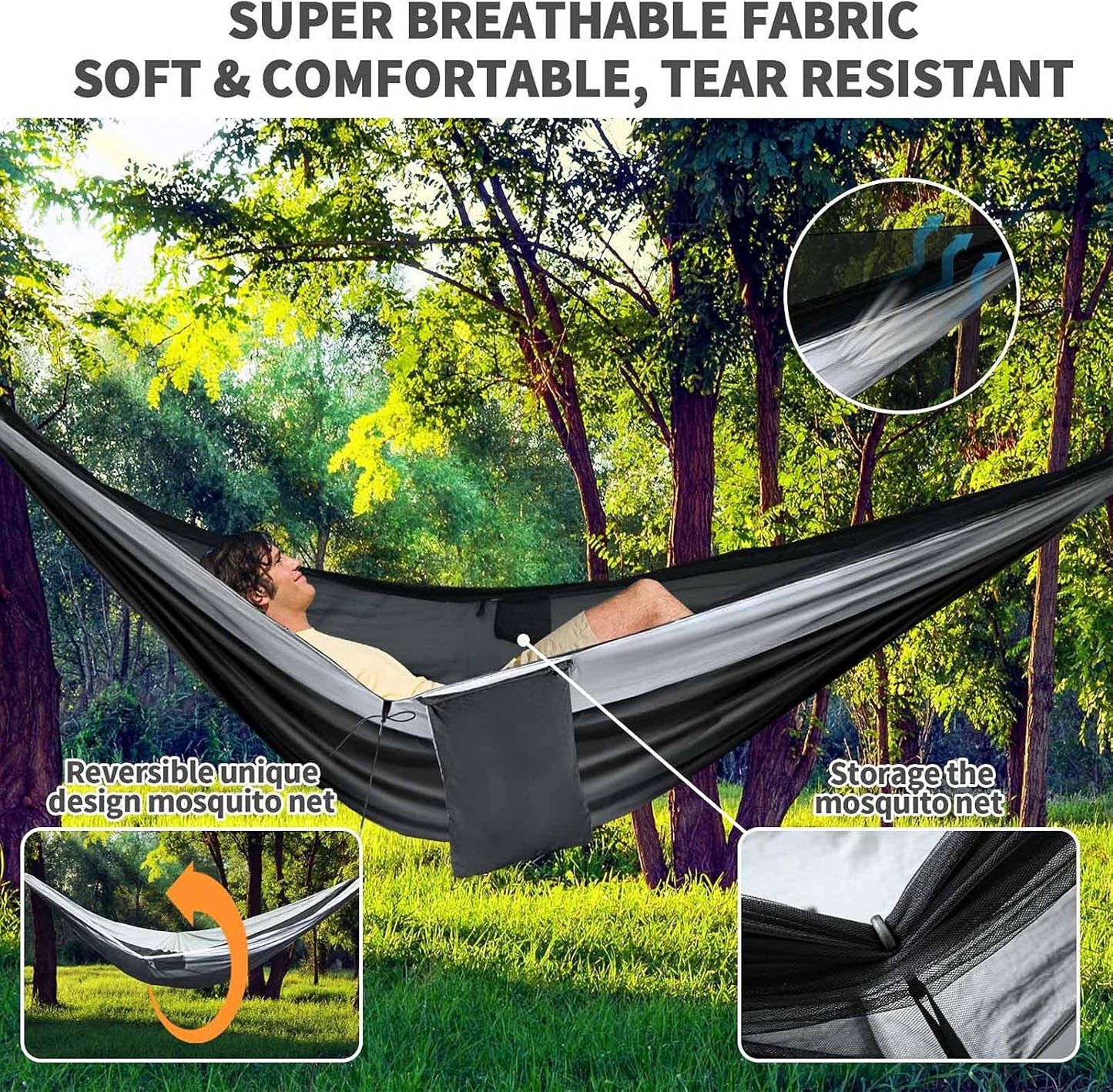 Ultimate Camping Hammock with Mosquito Net & Rain Fly – Portable Single/Double Nylon Parachute Hammock for Adventure & Relaxation, Complete with Heavy-Duty Tree Straps