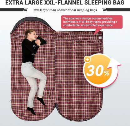 XL Sleeping Bag for Big & Tall Adults - Flannel Lining, Lightweight, Weather-Proof for All Seasons, Perfect for Camping & Backpacking - Cozy Black Design