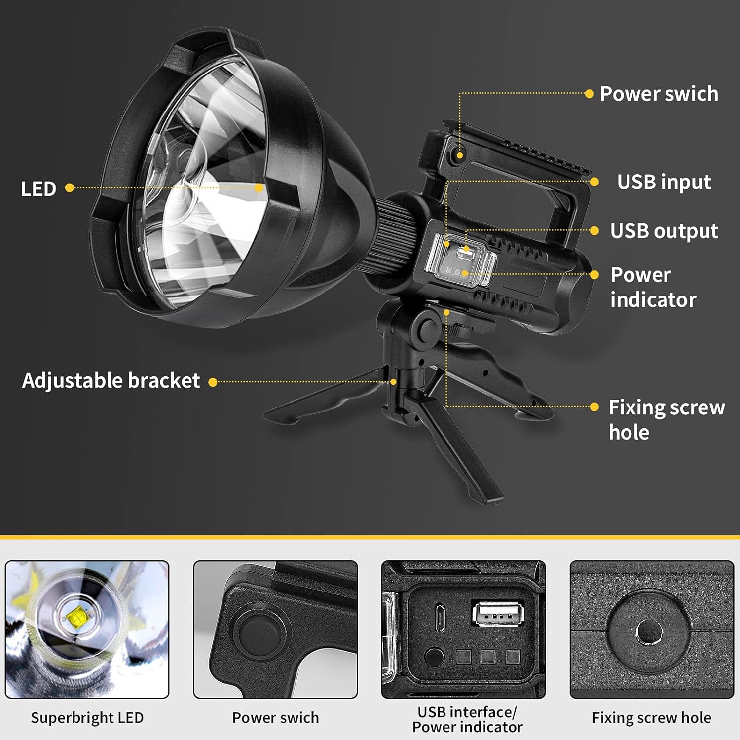 "Ultimate Super Bright Rechargeable LED Spotlight - 8000 lumens, 4 modes, waterproof design, tripod adapter, and USB cable included."
