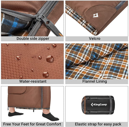 Image of a 4-season flannel sleeping bag in a coffee color, featuring a water-resistant outer shell, flannel interior, and spacious dimensions of 74.8" x 33", displayed on a clean white background.
