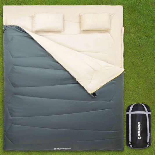 Image of a grey convertible sleeping bag with two pillows, featuring a 190T water-resistant shell, spacious queen-sized design, and compact storage capability, displayed on a clean white background.
