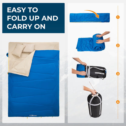 Image of a double sleeping bag with pillows in a lightweight design, featuring a 190T water-resistant shell, convertible into two singles, displayed on a clean white background.
