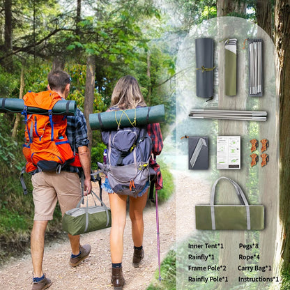 Image of an ultralight 5lb waterproof emergency prep tent, featuring durable materials, ventilated design, and gear organization options, ideal for camping and bug-out bags, displayed on a clean white background.
