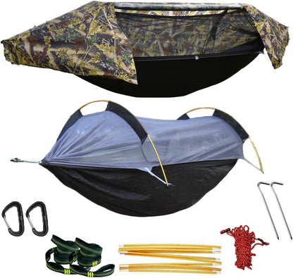 Image of the Camping Hammock with Mosquito Net & Rain Fly, featuring a durable design, heavy-duty capacity, and integrated protection, ideal for camping, hiking, and outdoor adventures, displayed on a clean white background.
