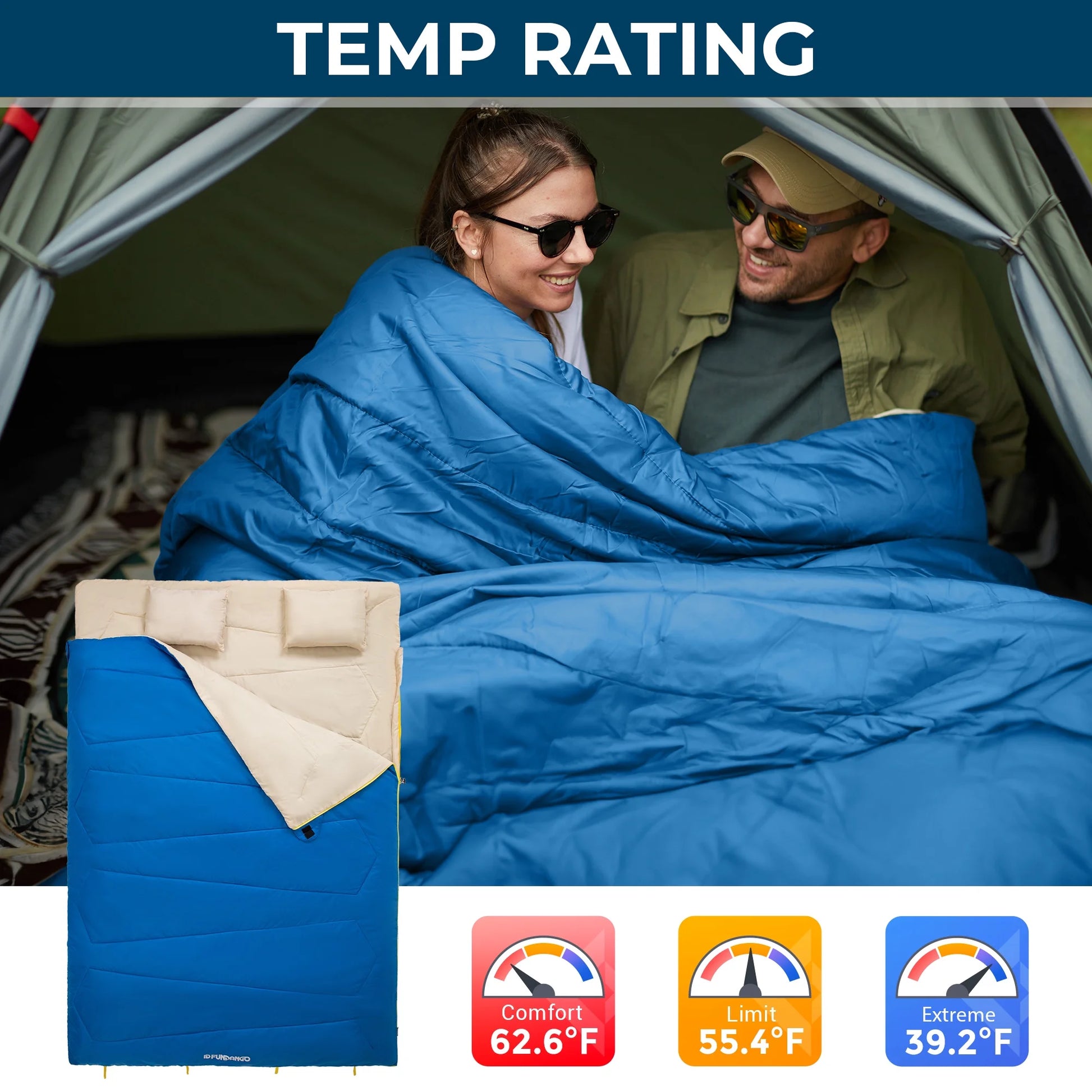 Image of a double sleeping bag with pillows in a lightweight design, featuring a 190T water-resistant shell, convertible into two singles, displayed on a clean white background.
