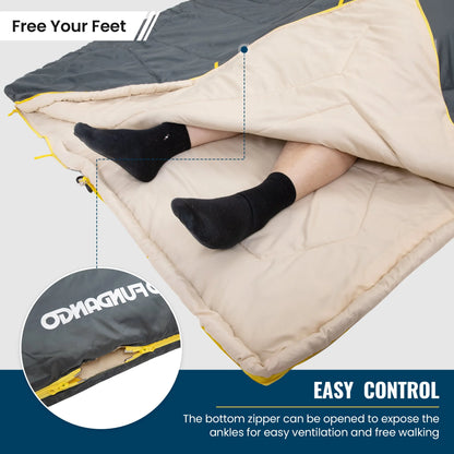 Image of a grey convertible sleeping bag with two pillows, featuring a 190T water-resistant shell, spacious queen-sized design, and compact storage capability, displayed on a clean white background.
