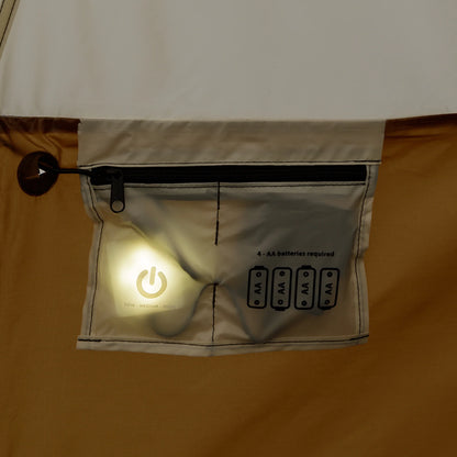 "8-Person Instant Cabin Tent set up in a campsite, showcasing its spacious interior, LED lighted poles, and durable design."
