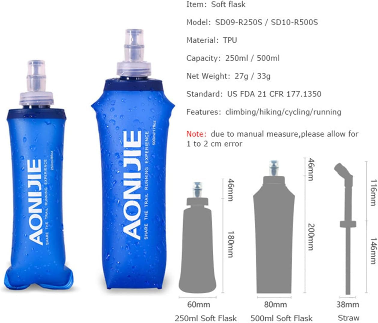 250ML/350ML/500ML/600ML Portable TPU Soft Water Bottle Folding Soft Flasks for Outdoor Marathon Running Hydration Camping Hiking