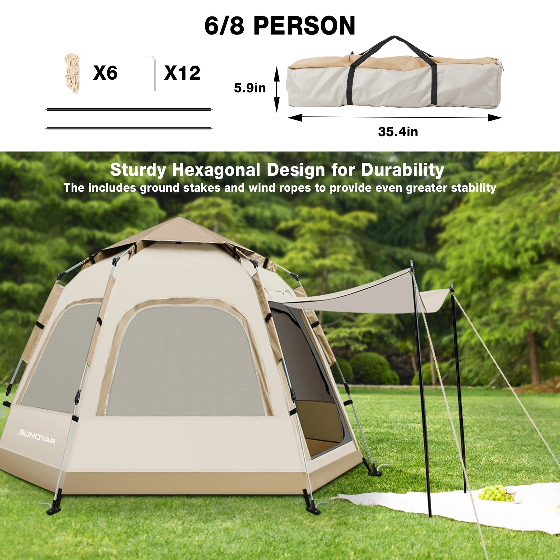 6-8 Person Tent with Removable Rain Fly and Carrying Bag, Water-Resistant, Easy Setup for Camping/Family Outdoor/Hiking/Backpacking/Beach