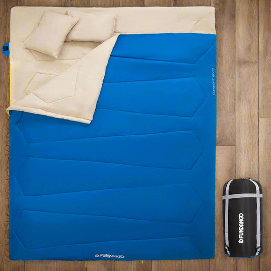 Image of a double sleeping bag with pillows in a lightweight design, featuring a 190T water-resistant shell, convertible into two singles, displayed on a clean white background.
