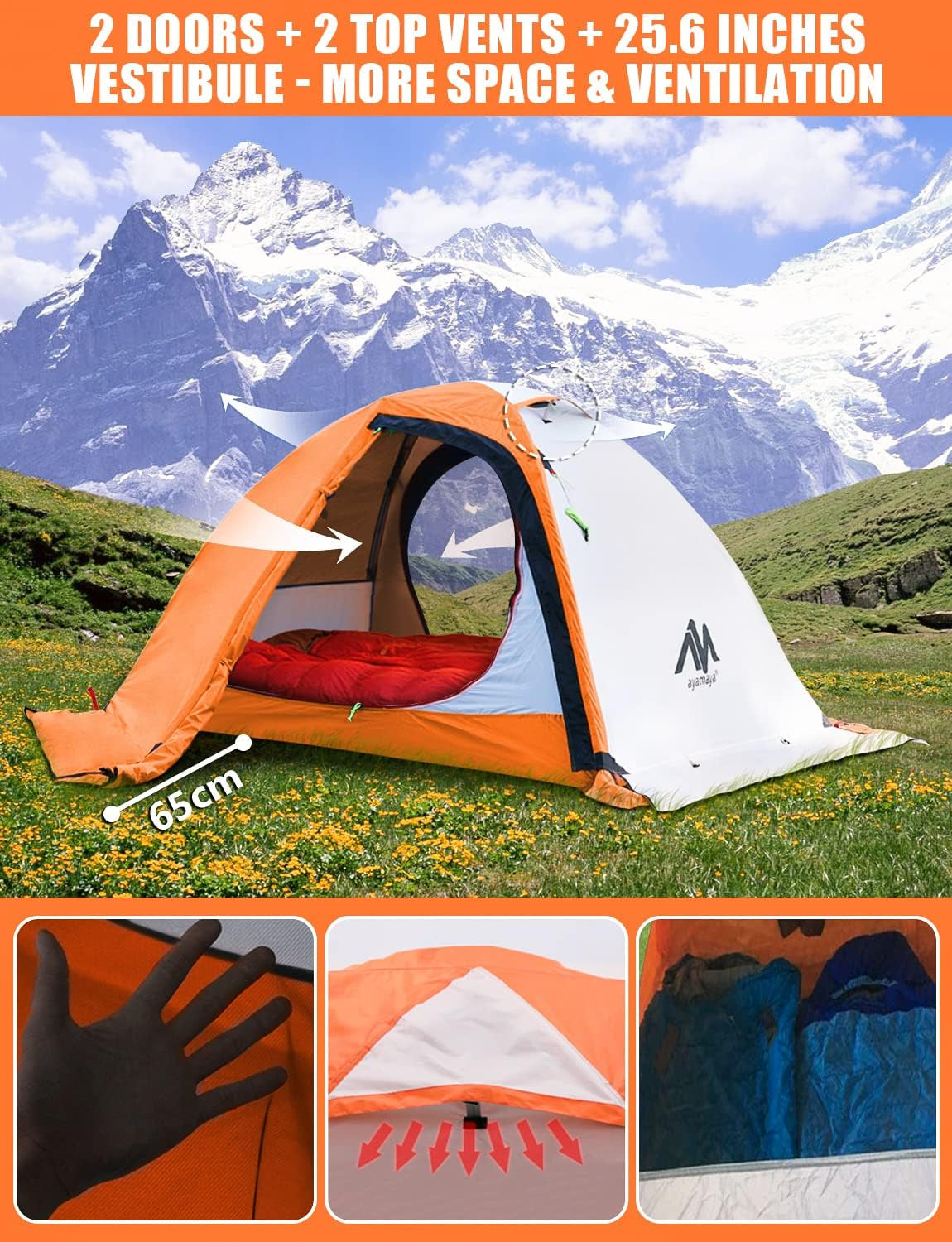 4 Season Backpacking Tent 2 Person Camping Tent Ultralight Waterproof All Weather Double Layer Two Doors Easy Setup 1 2 People Man Tents for Backpacker Outdoor Hiking Survival