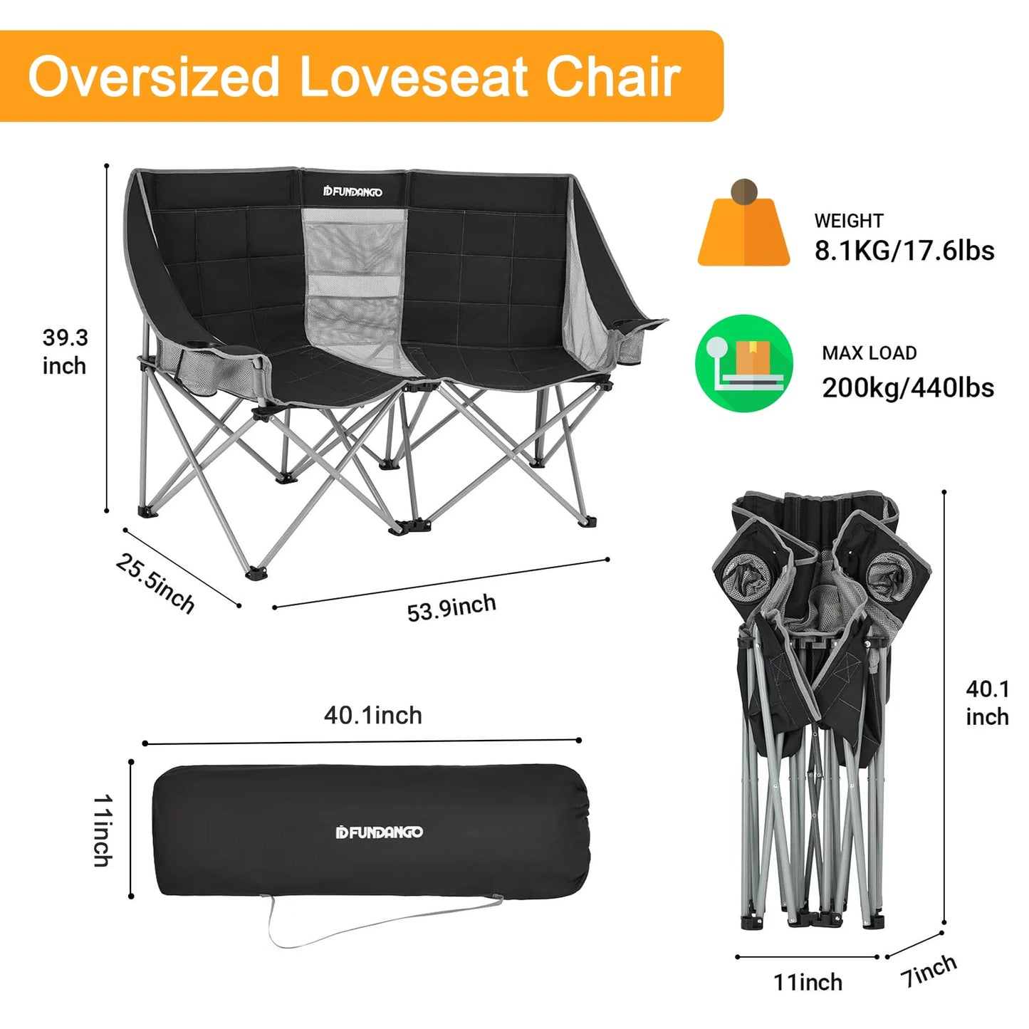 Loveseat Camping Chair Portable Double Chair for 2 Person Oversized Outdoor Folding Sofa Chair Support up to 440Lbs Black/Grey