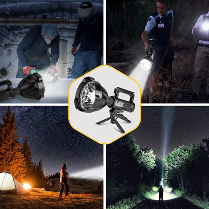 "Ultimate Super Bright Rechargeable LED Spotlight - 8000 lumens, 4 modes, waterproof design, tripod adapter, and USB cable included."
