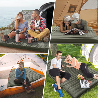 Image of a double camping pad with a 79"x55" size, featuring a built-in foot pump, waterproof 40D nylon material, and ripple air cell design, ideal for camping and emergency preparedness, displayed on a clean white background.
