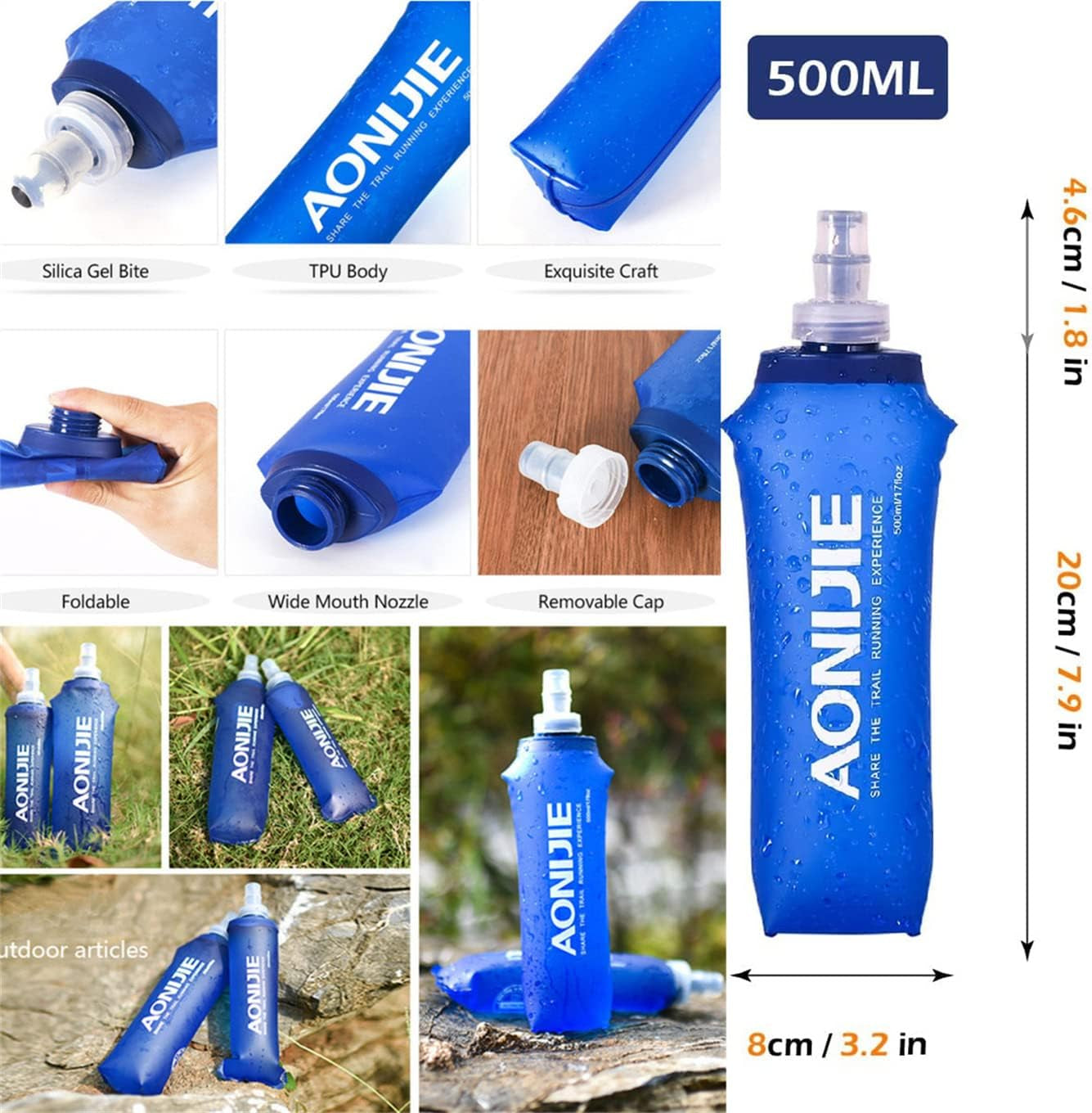 250ML/350ML/500ML/600ML Portable TPU Soft Water Bottle Folding Soft Flasks for Outdoor Marathon Running Hydration Camping Hiking