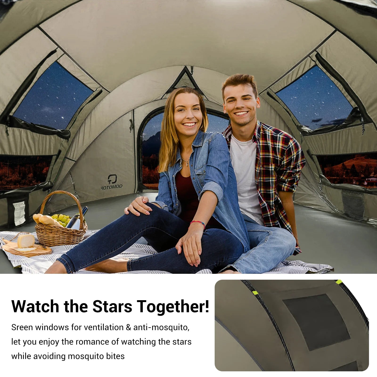 "4-Person Pop-Up Camp Tent - waterproof with large side screen windows and easy automatic setup in green."
