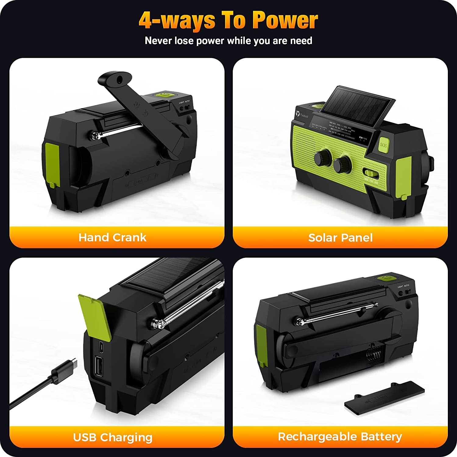 Image of the Puiuisoul 4000mAh weather radio, featuring a hand crank, solar charging panel, LED flashlight, and motion sensor reading lamp, displayed on a clean white background.
