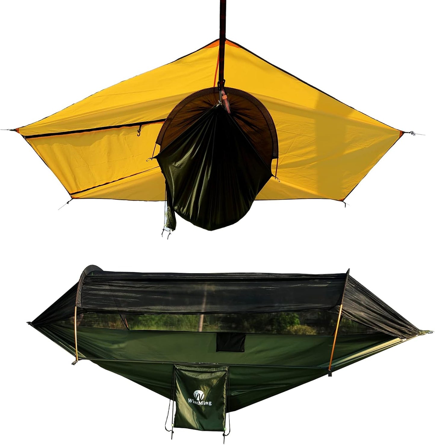 Image of the Camping Hammock with Mosquito Net & Rain Fly, featuring a durable design, heavy-duty capacity, and integrated protection, ideal for camping, hiking, and outdoor adventures, displayed on a clean white background.
