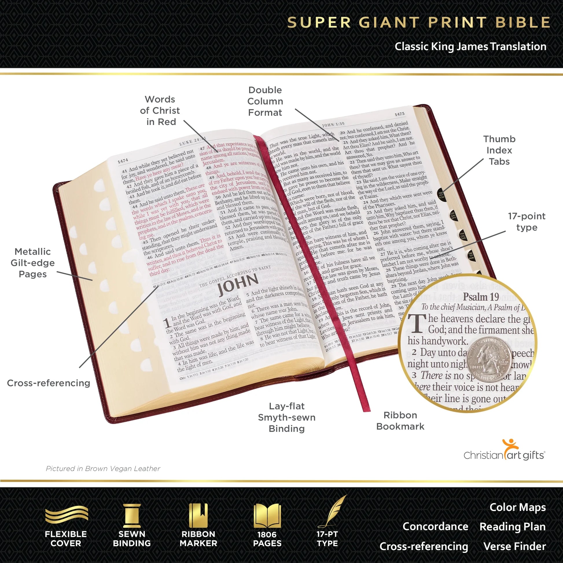 Super Giant Print KJV Holy Bible - Red Letter Edition with Thumb Index & Ribbon Marker, Faux Leather, Gray/Black