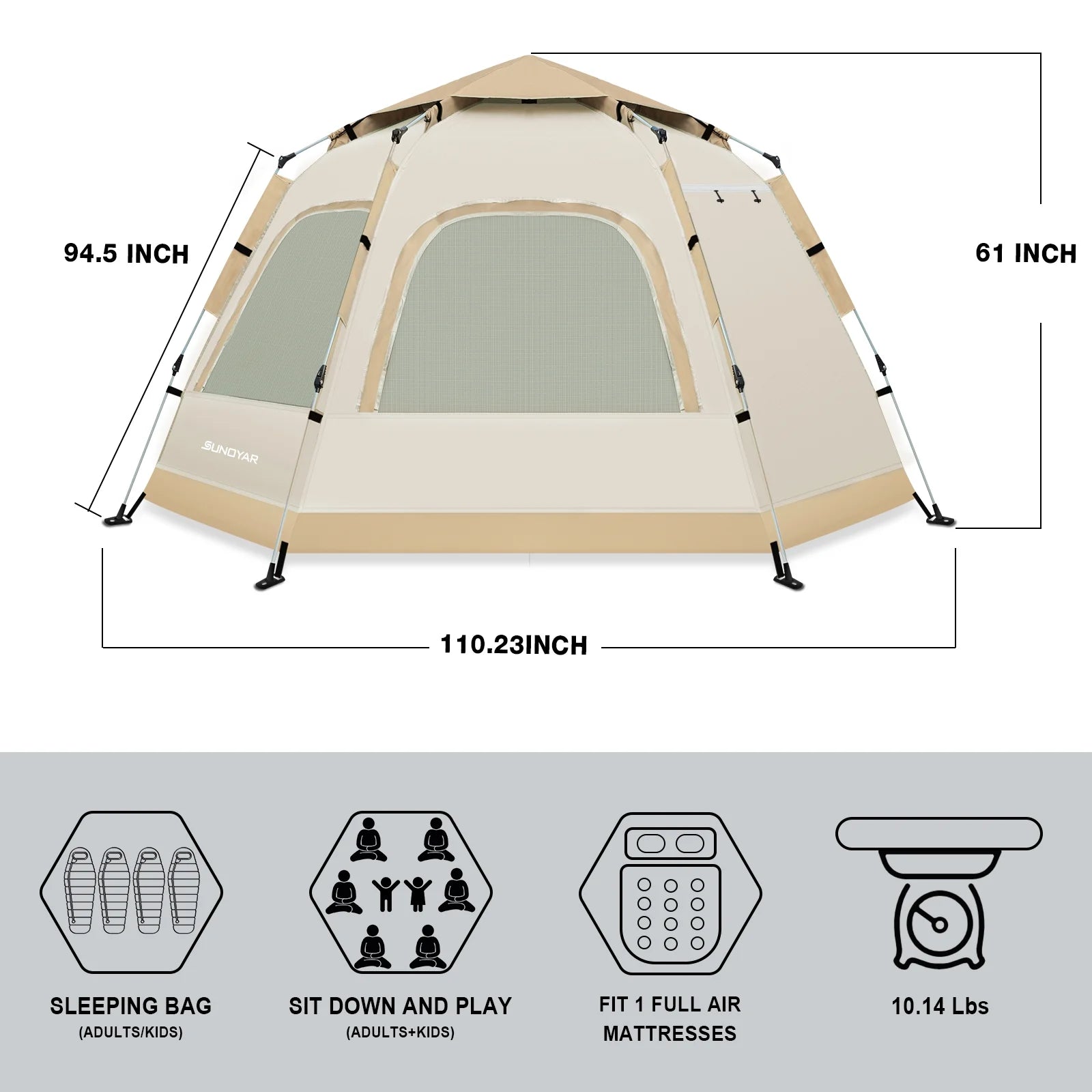 6-8 Person Tent with Removable Rain Fly and Carrying Bag, Water-Resistant, Easy Setup for Camping/Family Outdoor/Hiking/Backpacking/Beach