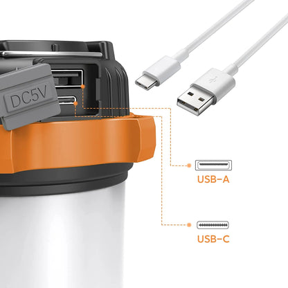 Image of a camping lantern with a 4000mAh power bank, featuring USB and solar charging, adjustable brightness, and a durable design, perfect for camping and emergency preparedness, displayed on a clean white background.
