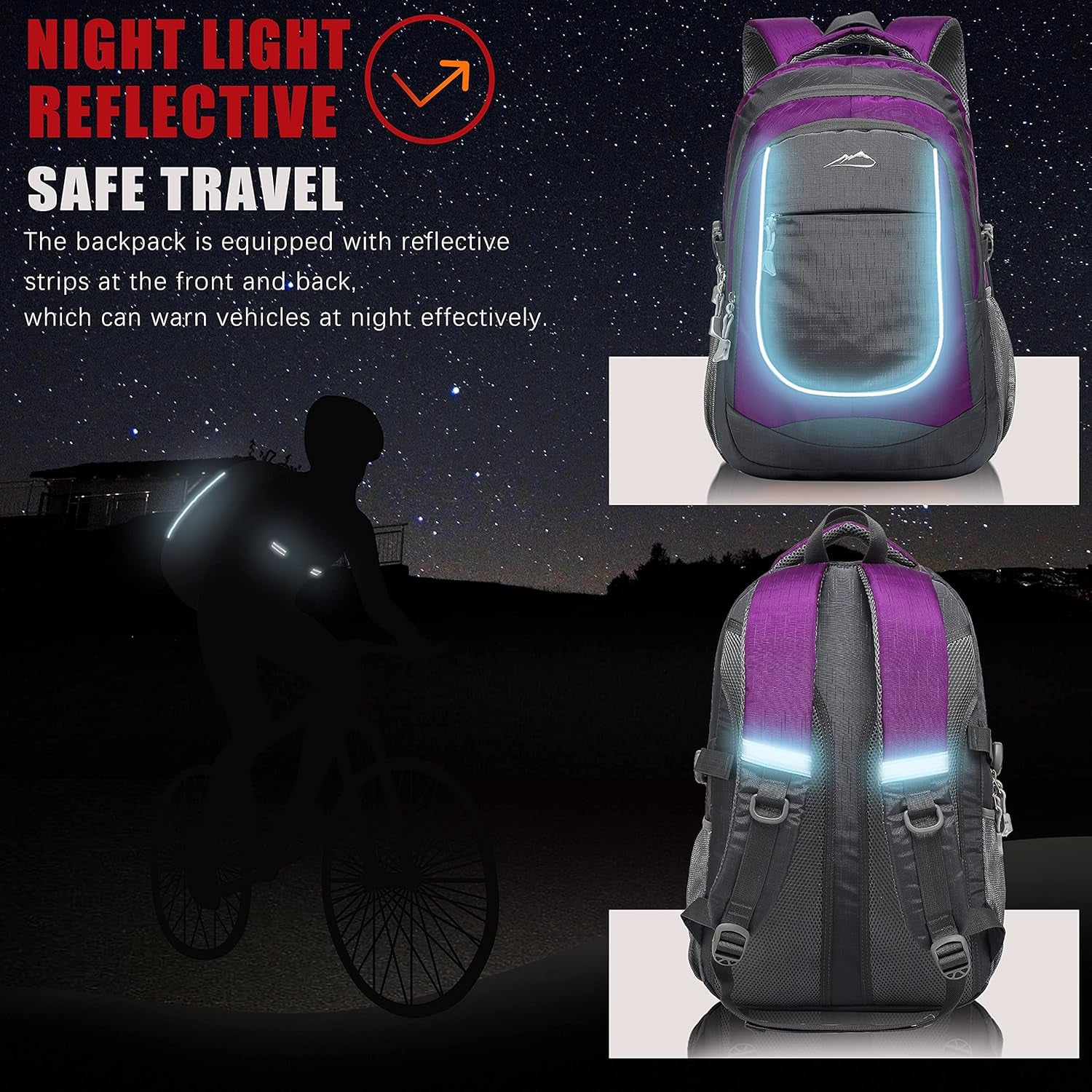 Proetrade Purple A Backpack - Stylish & Durable Bookbag for College, Travel & Hiking, Fits 15.6" Laptop, Multi-Compartment Design with Night Light & Reflective Details, Perfect Gift for Men & Women!