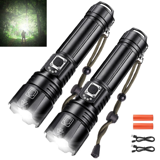 LED Flashlight, High Powered 10000 Lumens 5 Modes Zoomable Waterproof Rechargeable for Emergency Outdoor Home Camping Hiking 2Pcak